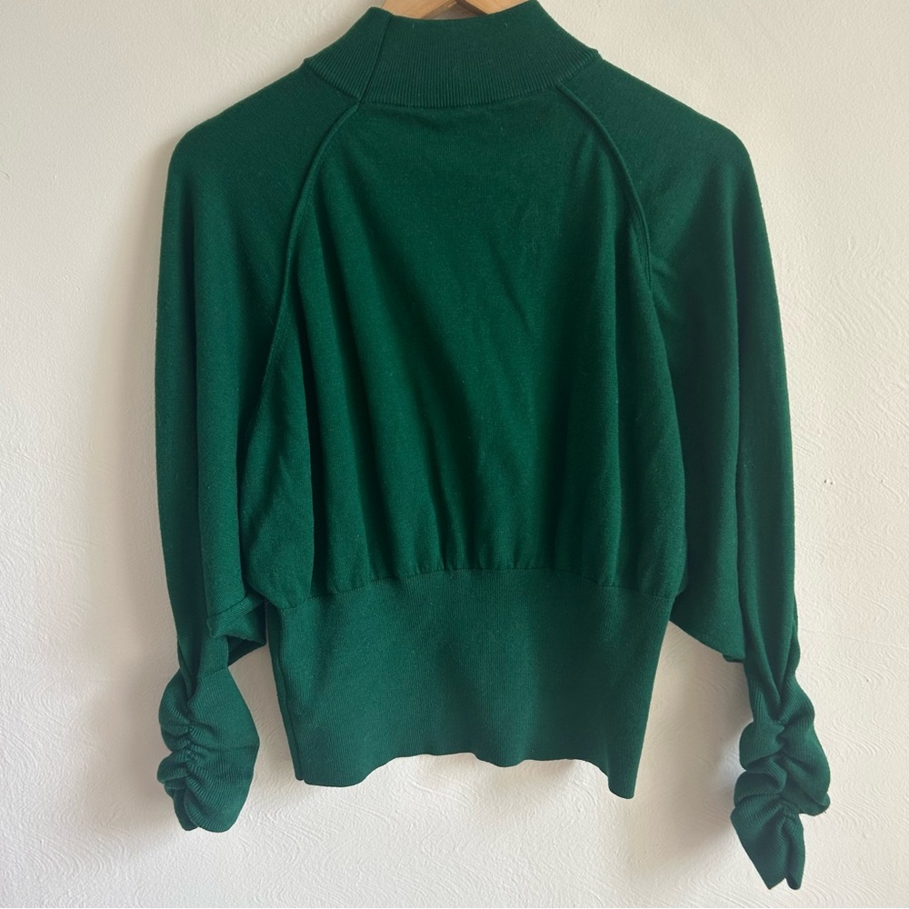 PAISIE London Forest Green Mock Neck Sweater with Ruched Sculptural Sleeves - L